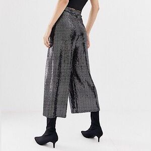 Wide leg cropped trousers in gunmetal sequin